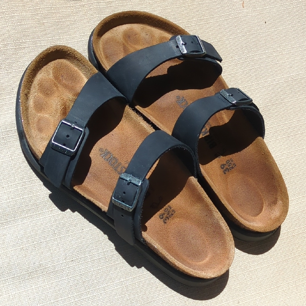 Birkenstock Rugged Black Leather Double Strap Sandals Size 39 Regular/Wide Width